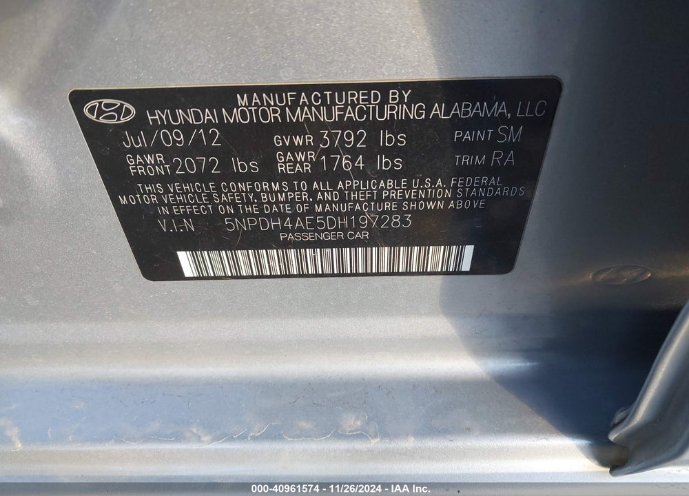 2013 HYUNDAI ELANTRA GLS VIN: 5NPDH4AE5DH197283
