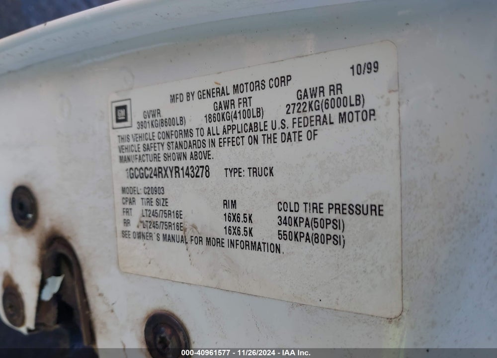 2000 CHEVROLET C2500 VIN: 1GCGC24RXYR143278