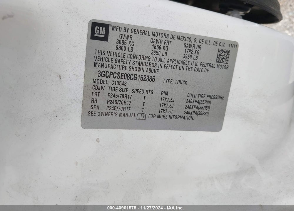 2012 CHEVROLET SILVERADO 1500 LT VIN: 3GCPCSE08CG162386