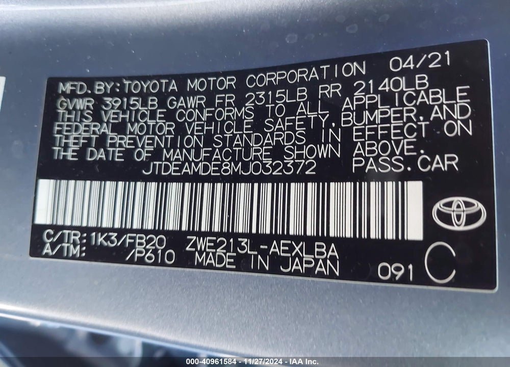 2021 TOYOTA COROLLA HYBRID LE VIN: JTDEAMDE8MJ032372