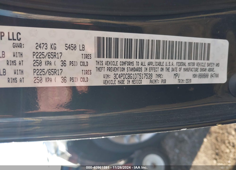 2013 DODGE JOURNEY SXT VIN: 3C4PDCBG1DT517539