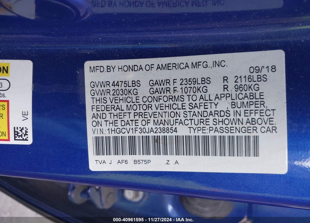 2018 HONDA ACCORD SPORT VIN: 1HGCV1F30JA238854