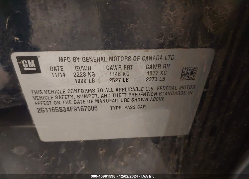 2015 CHEVROLET IMPALA VIN: 2G1165S34F9167606