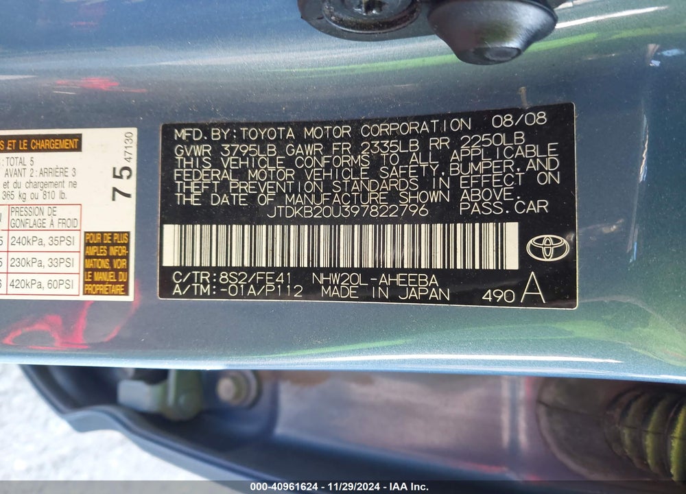 2009 TOYOTA PRIUS VIN: JTDKB20U397822796