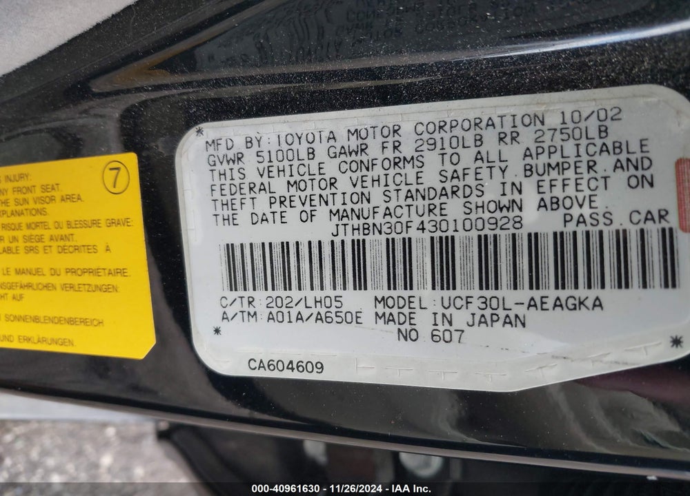 2003 LEXUS LS 430 VIN: JTHBN30F430100928