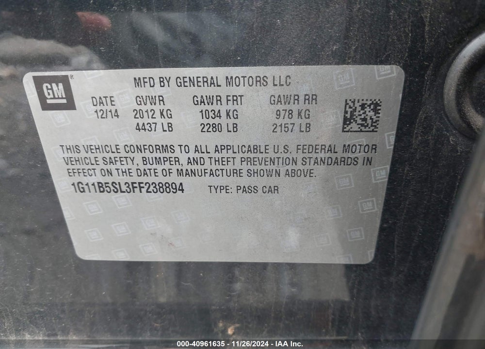2015 CHEVROLET MALIBU LS VIN: 1G11B5SL3FF238894