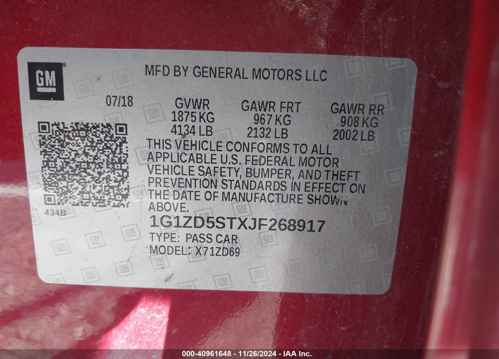 2018 CHEVROLET MALIBU VIN: 1G1ZD5STXJF268917