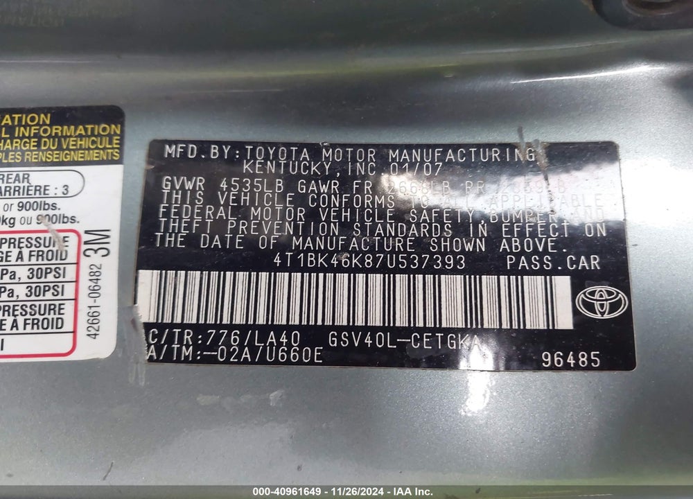 2007 TOYOTA CAMRY XLE V6 VIN: 4T1BK46K87U537393