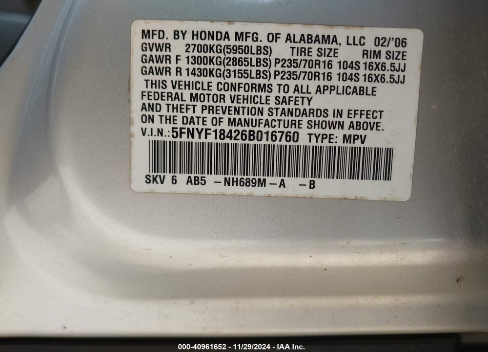 2006 HONDA PILOT EX VIN: 5FNYF18426B016760