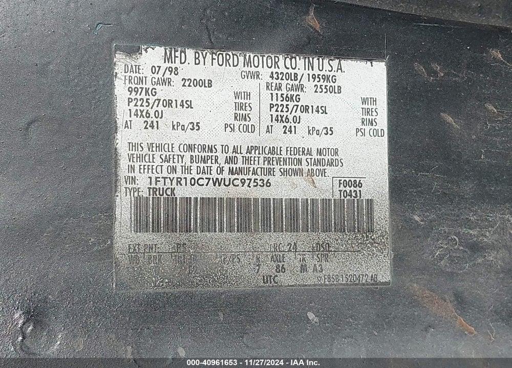 1998 RANGER FORD  SPLASH/XL/XLT VIN: 1FTYR10C7WUC97536
