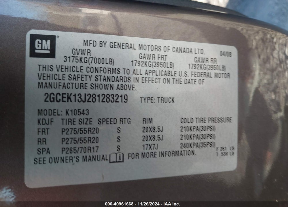 2008 CHEVROLET SILVERADO 1500 LT1 VIN: 2GCEK13J281283219