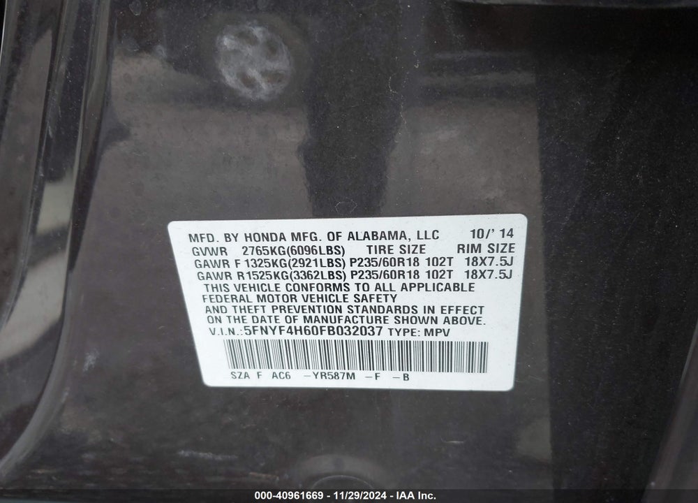 2015 HONDA PILOT EX-L VIN: 5FNYF4H60FB032037