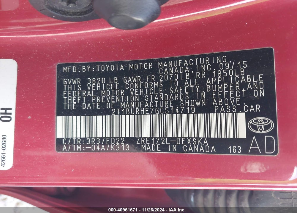 2016 TOYOTA COROLLA S PLUS VIN: 2T1BURHE7GC514719