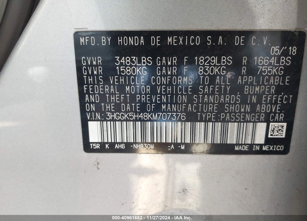 2019 HONDA FIT VIN: 3HGGK5H48KM707376