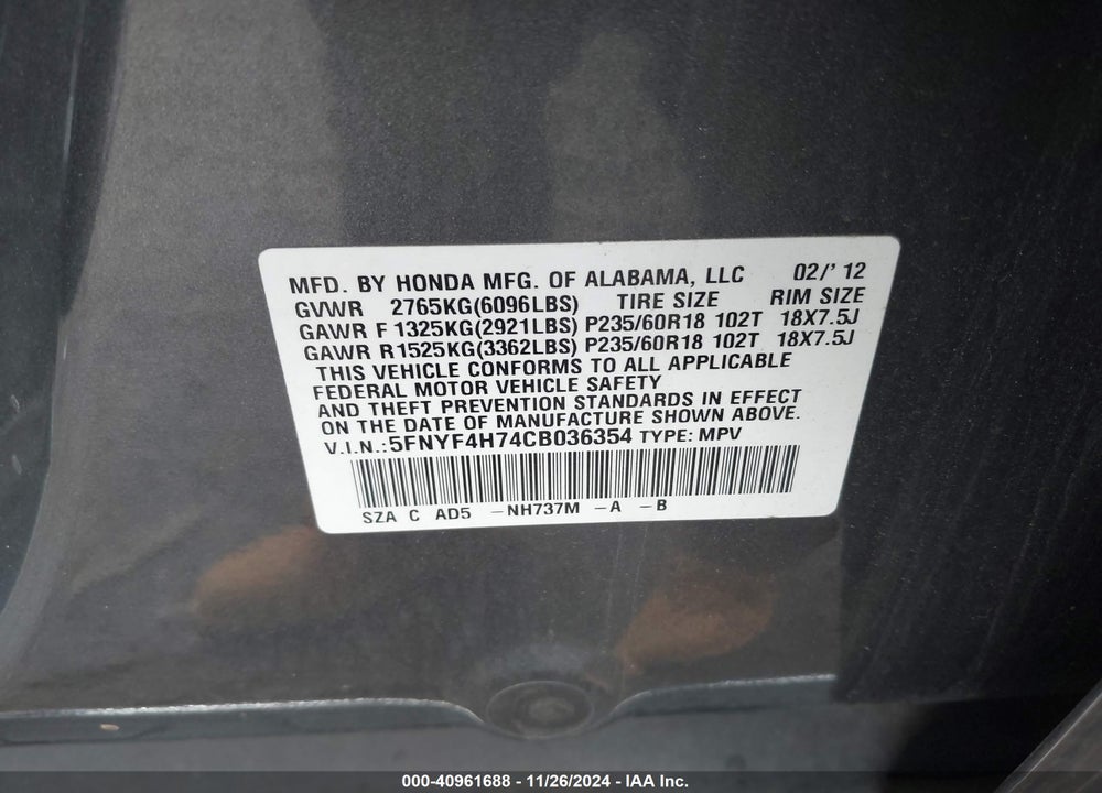 2012 HONDA PILOT EX-L VIN: 5FNYF4H74CB036354
