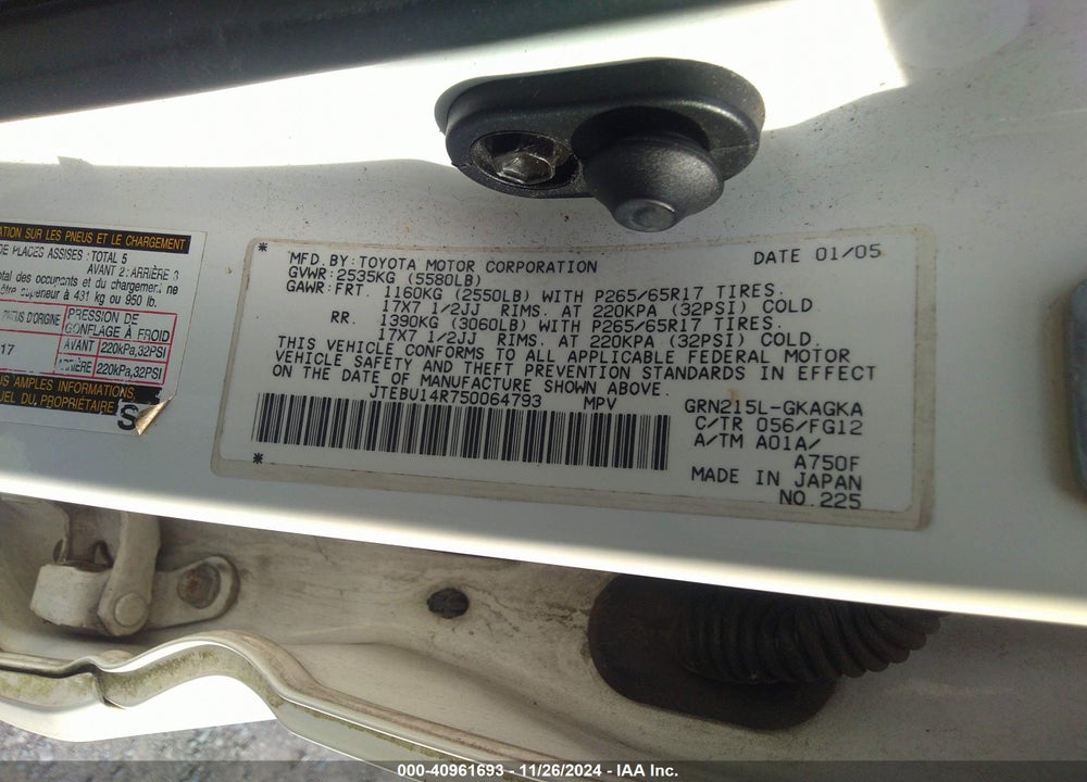 2005 TOYOTA 4RUNNER SR5 V6 VIN: JTEBU14R750064793