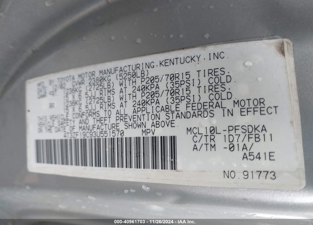 2003 TOYOTA SIENNA VIN: 4T3ZF19C93U551570
