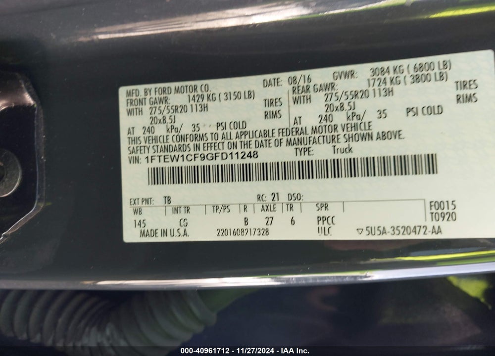 2016 FORD F-150 XL VIN: 1FTEW1CF9GFD11248
