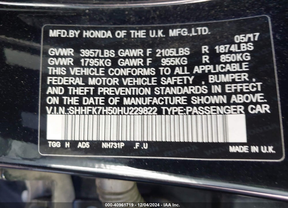 2017 HONDA CIVIC EX VIN: SHHFK7H50HU229822