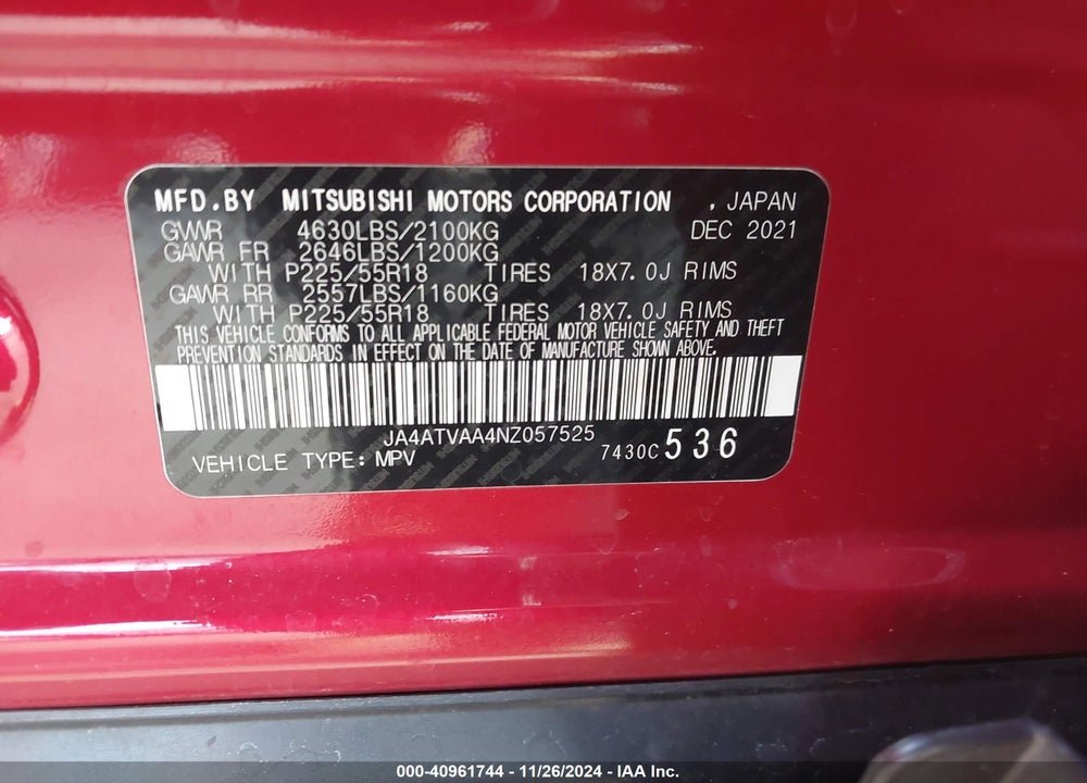 2022 MITSUBISHI ECLIPSE CROSS LE VIN: JA4ATVAA4NZ057525