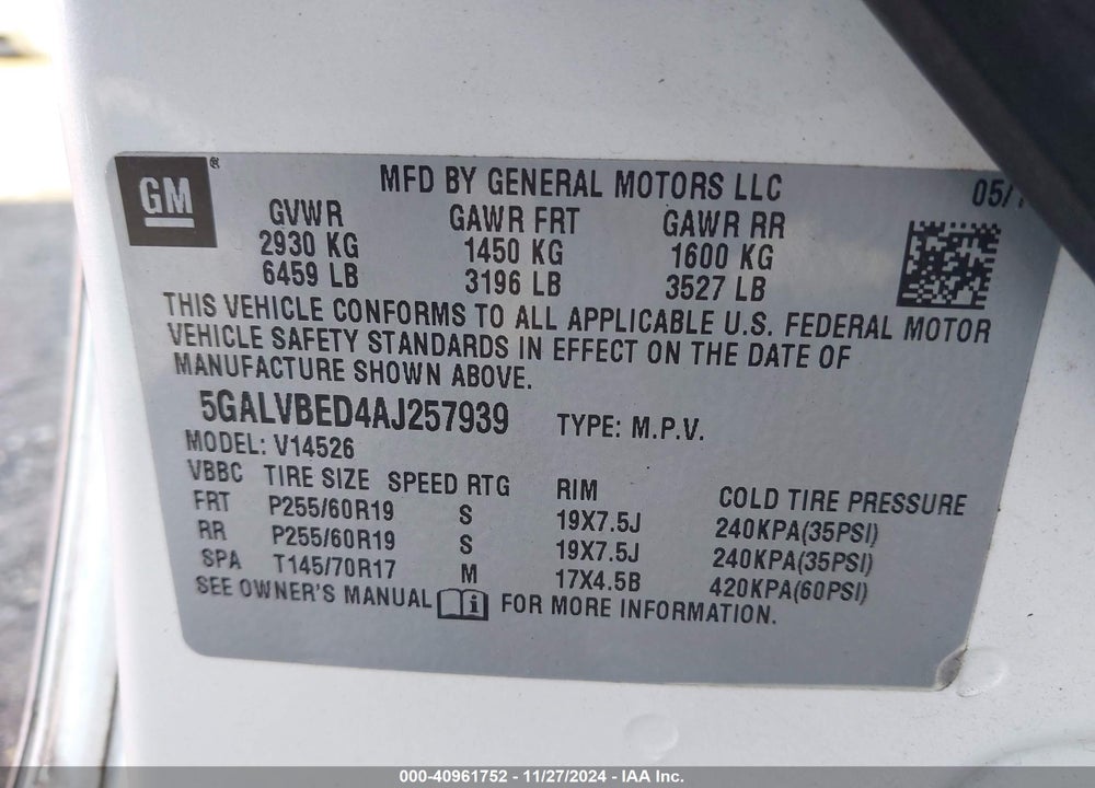 2010 BUICK ENCLAVE 1XL VIN: 5GALVBED4AJ257939