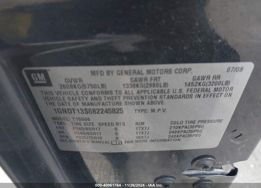 2008 CHEVROLET TRAILBLAZER LT VIN: 1GNDT13S682245825