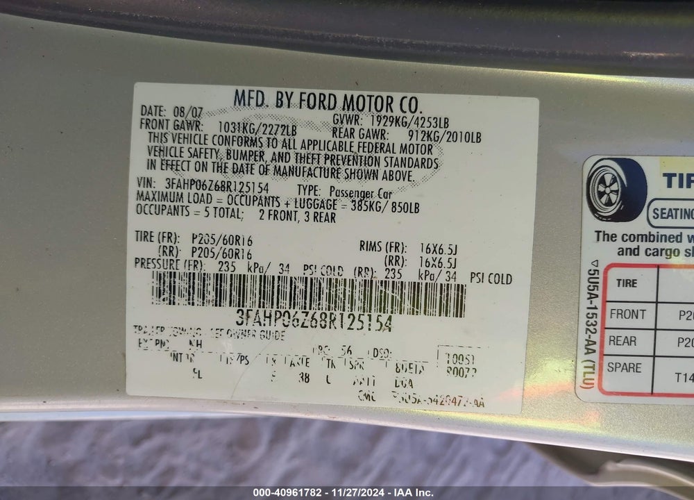 2008 FORD FUSION S VIN: 3FAHP06Z68R125154