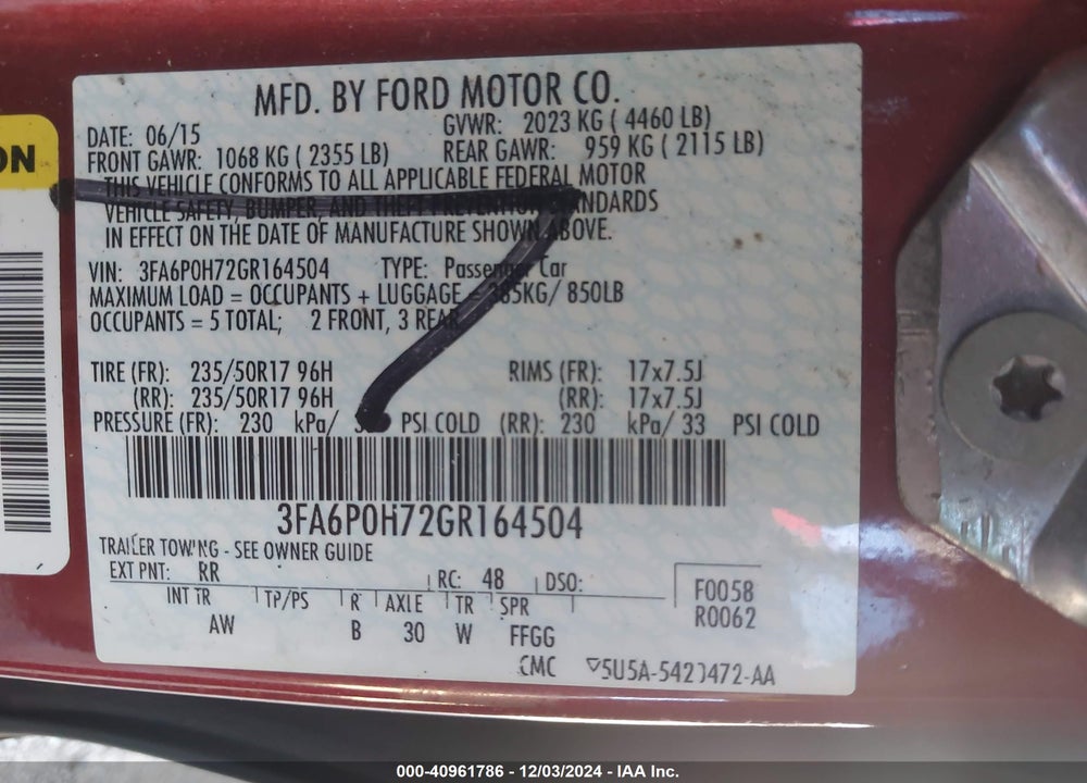 2016 FORD FUSION SE VIN: 3FA6P0H72GR164504