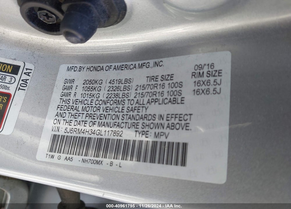 2016 HONDA CR-V LX VIN: 5J6RM4H34GL117892
