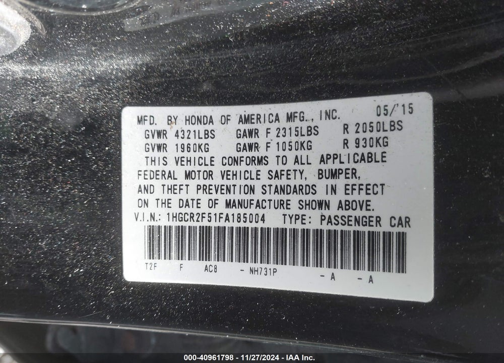 2015 HONDA ACCORD SPORT VIN: 1HGCR2F51FA185004