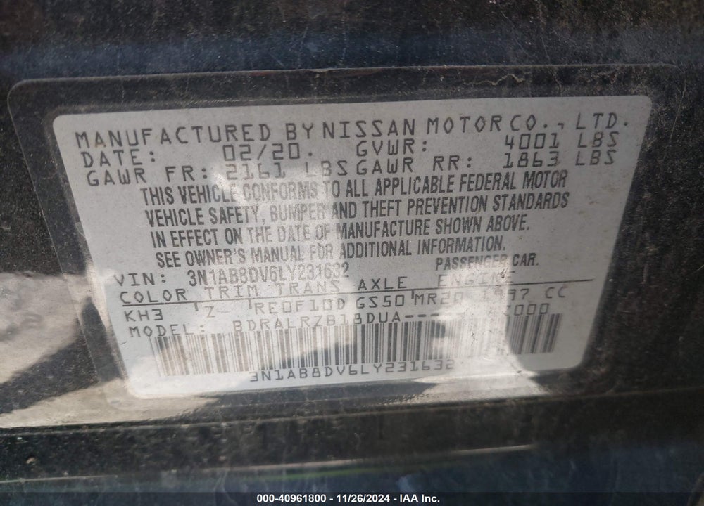 2020 NISSAN SENTRA SR XTRONIC CVT VIN: 3N1AB8DV6LY231632