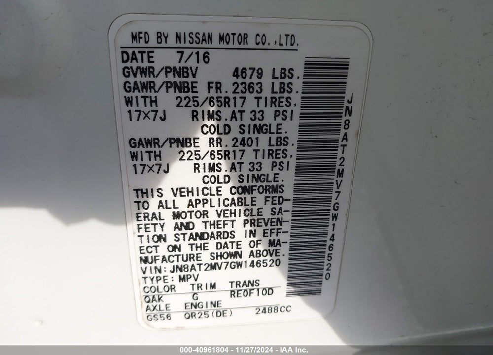 2016 NISSAN ROGUE S VIN: JN8AT2MV7GW146520