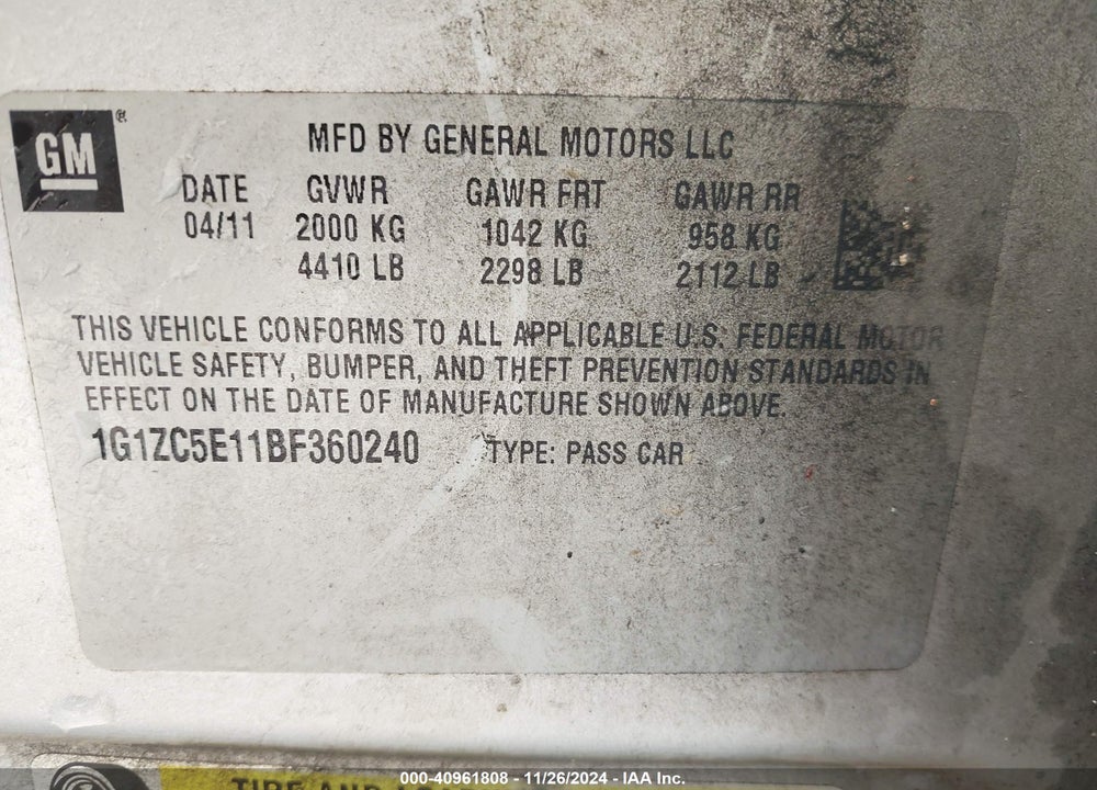 2011 CHEVROLET MALIBU 1LT VIN: 1G1ZC5E11BF360240