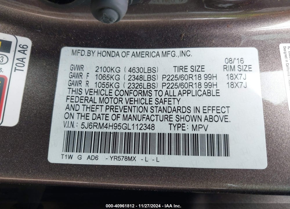 2016 HONDA CR-V TOURING VIN: 5J6RM4H95GL112348