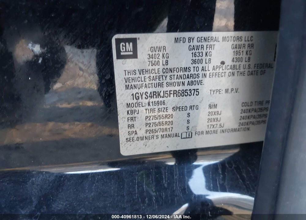2015 CADILLAC ESCALADE ESV STANDARD VIN: 1GYS4RKJ5FR685375