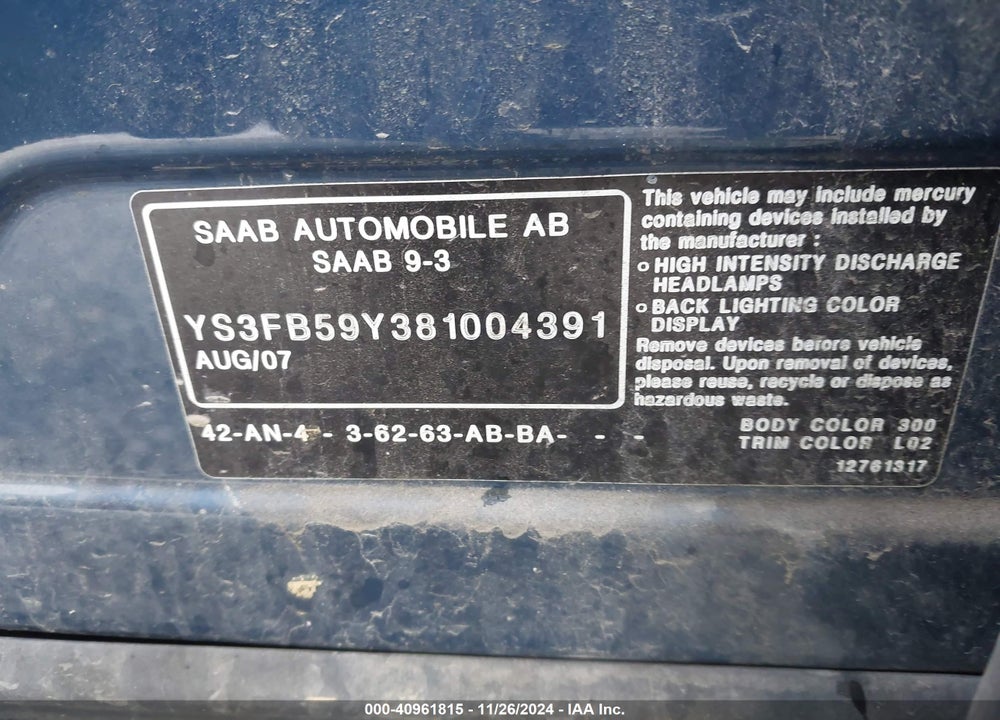 2008 SAAB 9-3 2.0T VIN: YS3FB59Y381004391