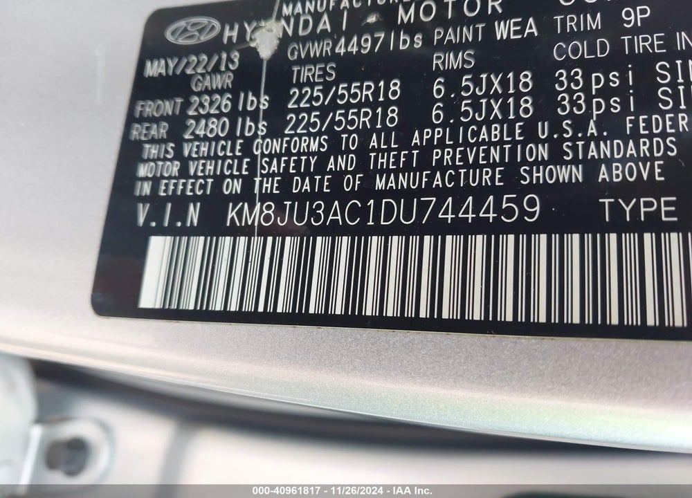 2013 HYUNDAI TUCSON LIMITED VIN: KM8JU3AC1DU744459