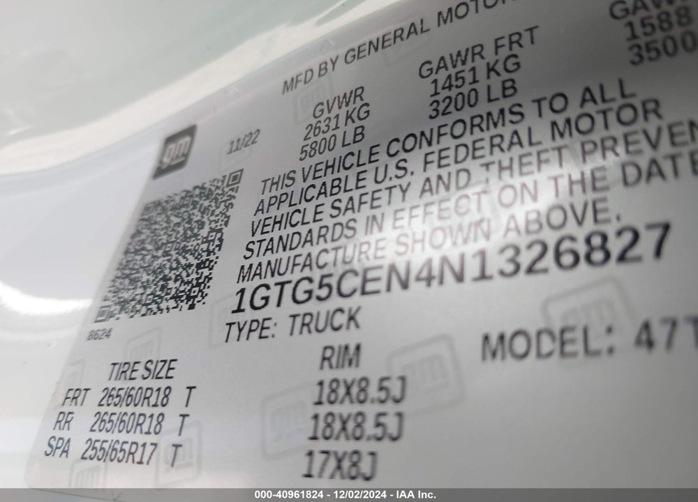 2022 GMC CANYON VIN: 1GTG5CEN4N1326827