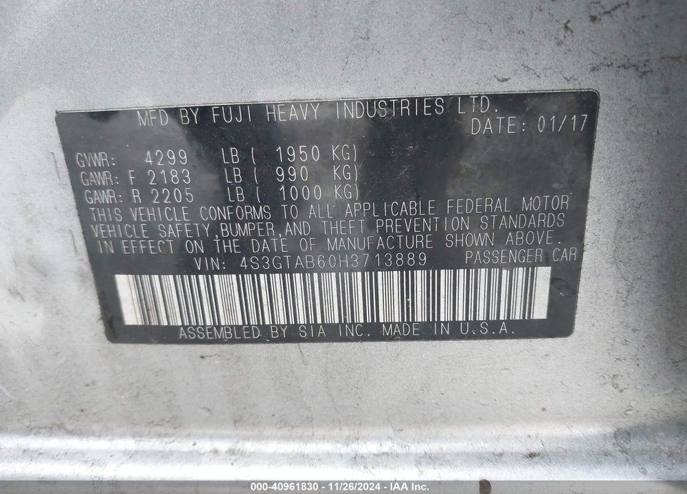 2017 SUBARU IMPREZA 2.0I PREMIUM VIN: 4S3GTAB60H3713889