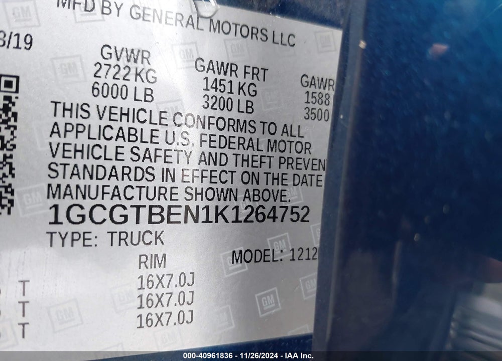 2019 CHEVROLET COLORADO WT VIN: 1GCGTBEN1K1264752