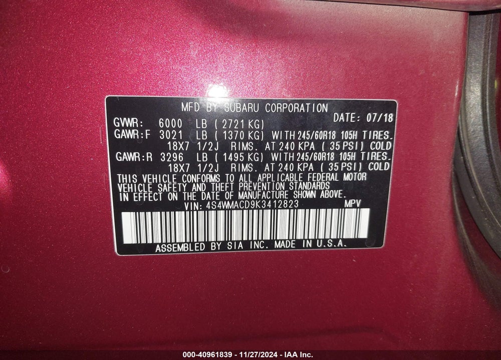 2019 SUBARU ASCENT PREMIUM VIN: 4S4WMACD9K3412823