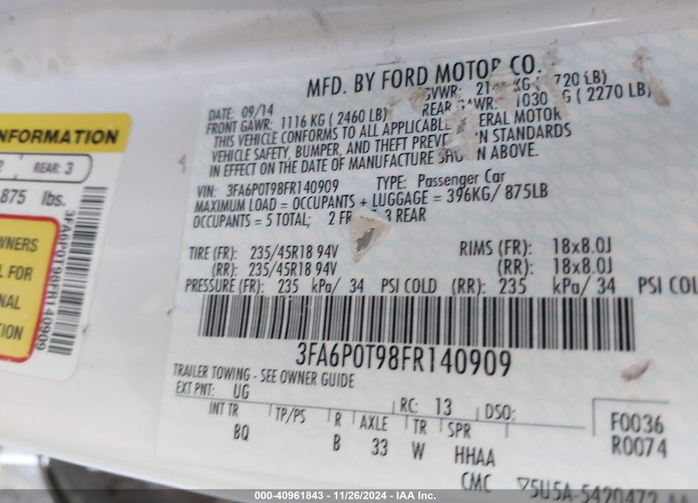 2015 FORD FUSION SE VIN: 3FA6P0T98FR140909