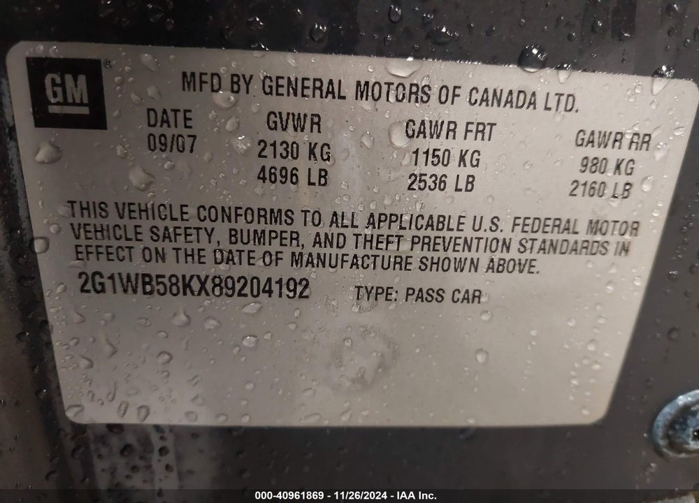 2008 CHEVROLET IMPALA LS VIN: 2G1WB58KX89204192