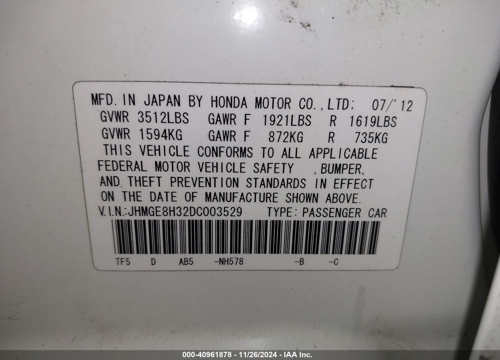 2013 HONDA FIT VIN: JHMGE8H32DC003529
