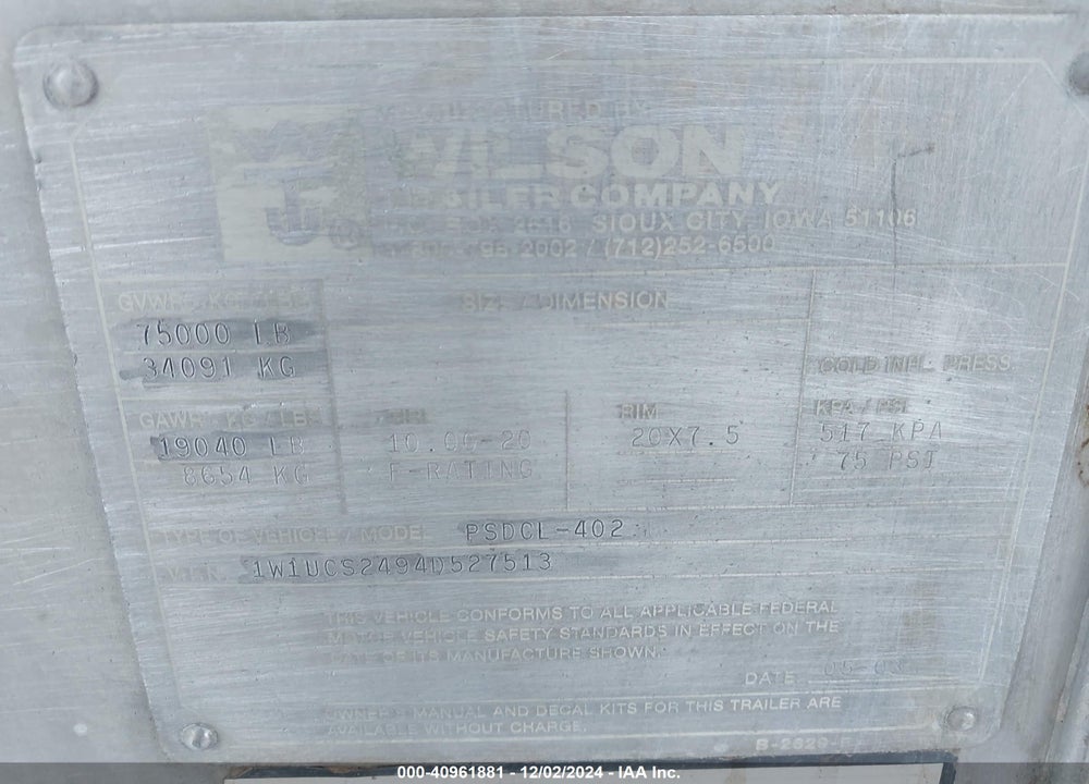 2004 WILSON TRAILER CO TRAILER VIN: 1W1UCS2494D527513