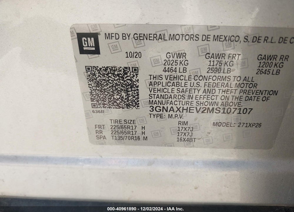 2021 CHEVROLET EQUINOX FWD LS VIN: 3GNAXHEV2MS107107