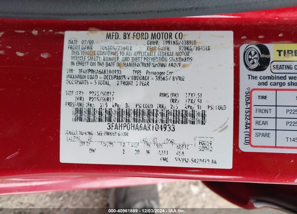 2010 FORD FUSION SE VIN: 3FAHP0HA6AR104933