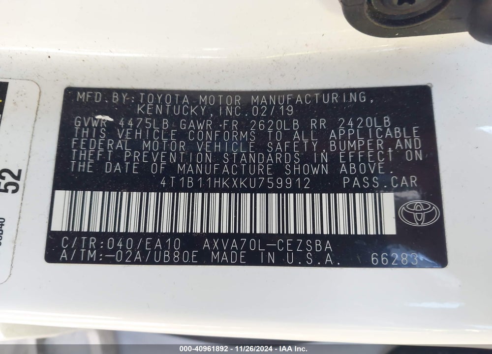 2019 TOYOTA CAMRY SE VIN: 4T1B11HKXKU759912