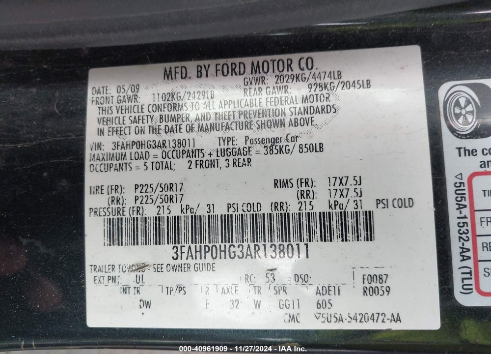 2010 FORD FUSION SE VIN: 3FAHP0HG3AR138011