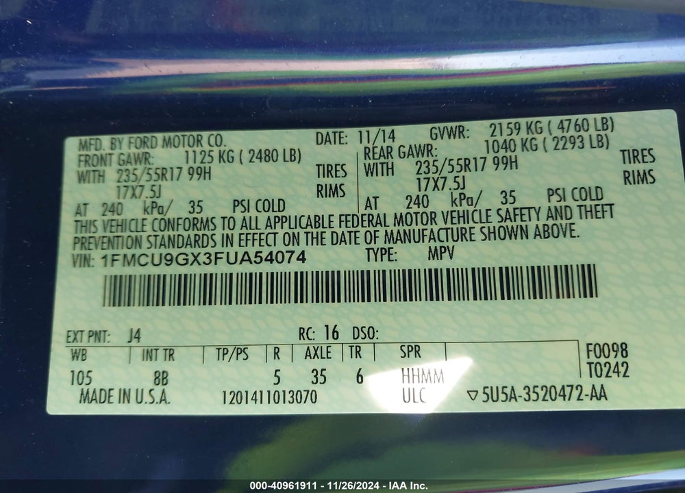 2015 FORD ESCAPE SE VIN: 1FMCU9GX3FUA54074